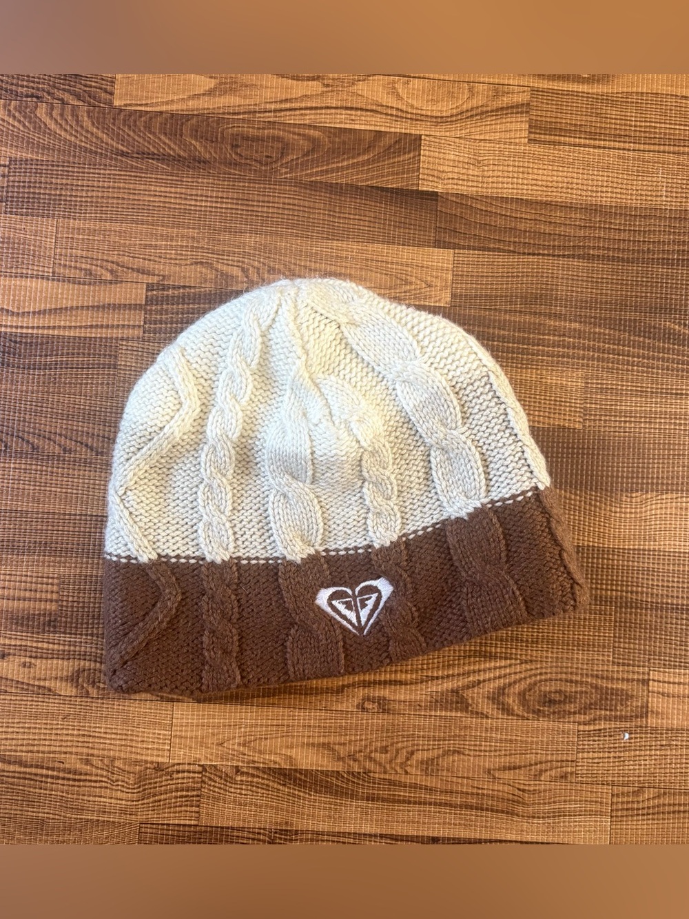 Roxy Kids Cable Knit Beanie in Cream and Brown